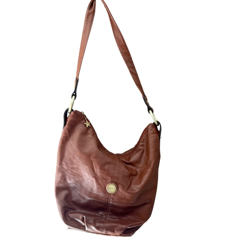 Vintage Capezio Cognac Brown Faux Leather‎ Slouchy Hobo Shoulder Bag Star Charm